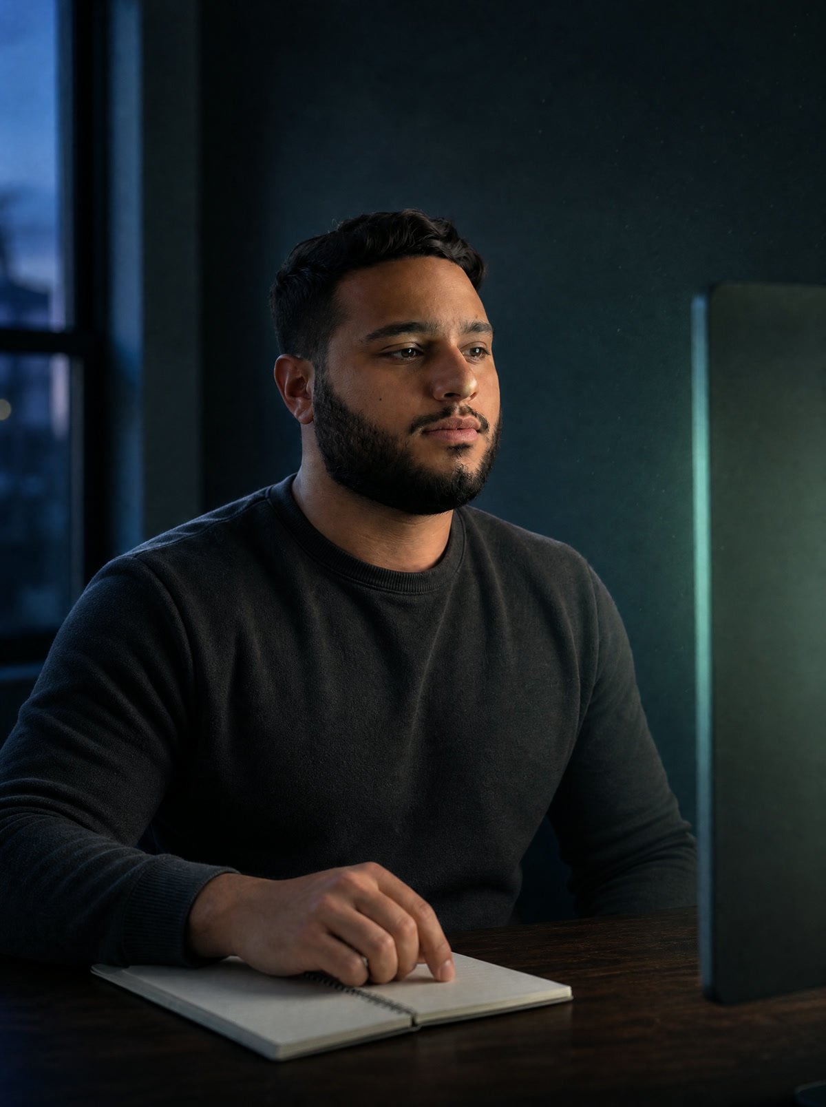 Jay at his desk in a dim studio, lit by the glow of the screen.
